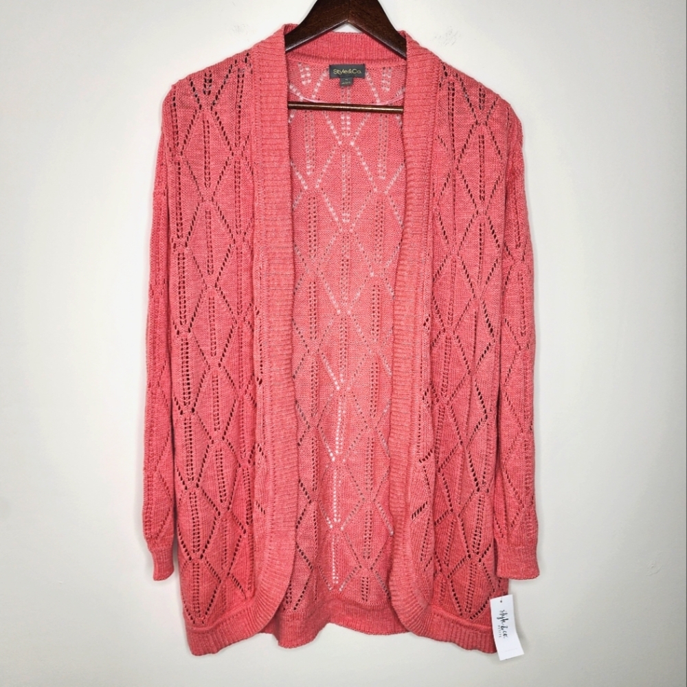 Style & Co. Coral Open Knit Women's Cardigan Sweater Large Petite Casual